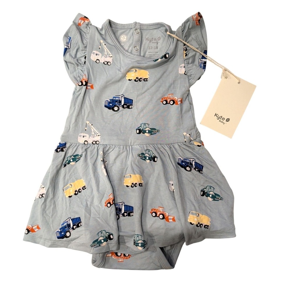 Kyte Baby Construction Truck Bamboo Flutter Dress Bodysuit 12-18 Months NWT Blue